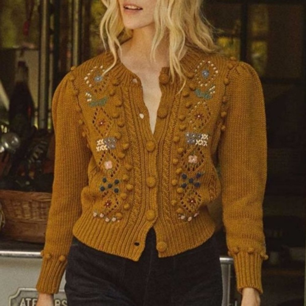 DOEN Sz XL Forget Me Not Oak Embroidered Cardigan